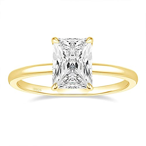 EAMTI 3CT 925 Sterling Silver 14K Gold Plated Engagement Rings Radiant Cut Solitaire Cubic Zirconia CZ Wedding Promise Rings for Her Wedding Bands for Women Size 6.5