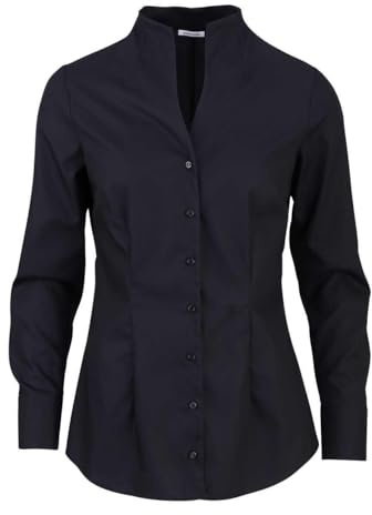 Sidenklistermärken damer blus – stadsblus – strykfri – blus med krage – smal passform – långärmad – 100% bomull, svart, 34