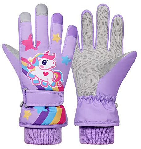 Kinder Skihandschuhe Snowboard Handschuhe Schneehandschuhe wasserdichte Und Winddichte Winter Handschuhe Anti-Rutsch Plüsch Gefüttert Warm Handschuhe für Mädchen Jungen Lila Einhorn S(4-7 Jahre)