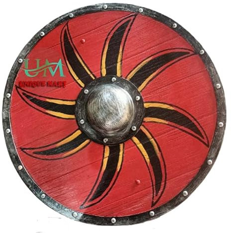 UNIQUE MART Bouclier viking rond en bois rouge de 61 cm avec bouclier médiéval en bois et acier, bouclier rouge de Noël, jaune