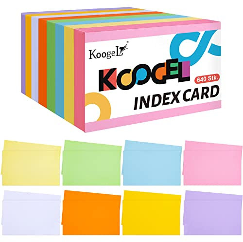 Koogel 640 Stück Moderationskarten - 12,5 x 7,5 cm, 8 Farben, 150g/m², Karteikarten Blanko Papier Karten ideal für Lernkarten, Präsentationen, Büroorganisation & Bastelprojekte