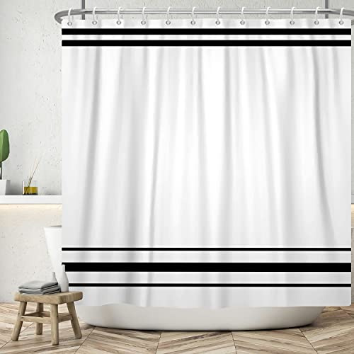 SDOTPMT 105x160cm Rideau de Douche Noir et Blanc Moderne Classique - Rayé, Rustique, Ferme, Minimaliste pour Salle de Bains - Crochet et Décoration