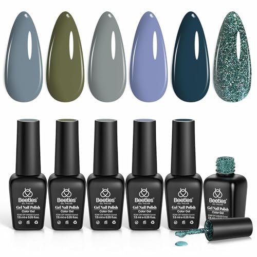 Beetles 6 Farben UV Gel Nagellack Set Snow Mountain Kollektion Grau Nude Blau Glitzerndes Nagellack Set Soak-Off-Nagellampe Herbst Winter Gel Nagel Maniküre Halloween Set