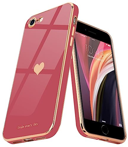 Teageo Hülle für iPhone 7/8/SE2020/2022 Frau Herzmuster, Kamelienrot | Mädchen Stilvoll Galvanisierte Schutzhülle Weich TPU Phone Case