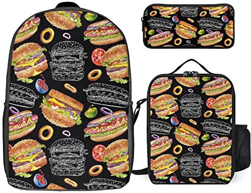 FJAUOQ Set di 3 zaini con stampa di ciliegie, con motivo a cialde, borsa per il pranzo, astuccio per matite, grande capacità, Formaggio e hamburger, Taglia unica, Zaini