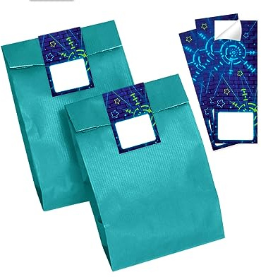 6 Geschenktüten (petrol) + 6 Aufkleber Laser Tag Lasertag Geschenktüten für Mitgebsel Gastgeschenk einpacken beim Kindergeburtstag Jungen Mädchen