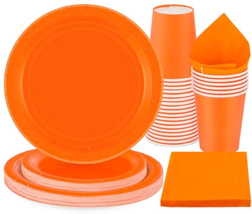 PARTY GO 96 Pezzi Stoviglie per Feste Per 24 Ospiti Con Piatto Usa e Getta di Carta Party Tazze Tovaglioli, Piatti Carta per Compleanno, Nuziale Doccia, Fidanzamento, Matrimonio, Arancione