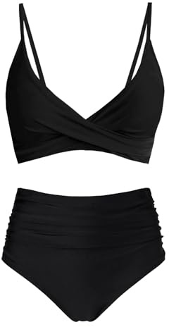 Amy Babe Women's High Waisted Bikini Sets Push Up Twist Front Spaghetti Straps Ruched Two Piece Swimsuit Bathing Suit Black (Large)