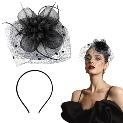 1 Stück Schleier-Stirnband, Netz-Kopfschmuck, Braut-Haarschmuck, Blumen-Clip Mit Federn, Haarreif Mit Hut(Schwarz)