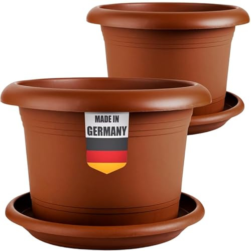 LIVINJA Terracotta 2er Set Pflanzkübel für AuÃŸen 30cm Durchmesser - GroÃŸ Tomatentöpfe Blumentöpfe mit Untersetzer aus Kunststoff, Wetterfest, für Garten, Balkon, Terasse