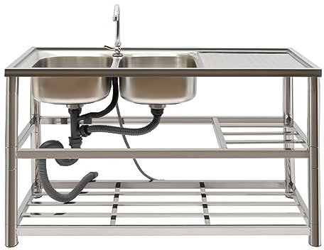 Küchenspüle Edelstahl Freistehende 2 Becken Gastronomie Spüle Gewerbe Edelstahl Küche Handwaschbecken mit Werkbank und doppelten Ablageflächen für Innen und Außen 120 * 45 * 80cm