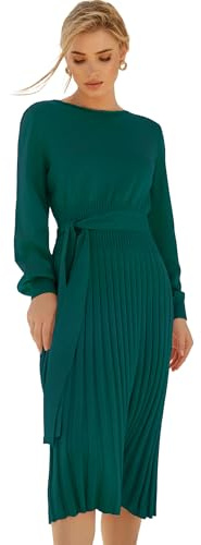 Ever-Pretty Vestito Maglioni Donna Abito Casual a Maniche Lunghe Invernali Elegante Abito in Maglia Midi Abito con Cintura Pullover Elasticizzato Autunno Verde Scuro XL