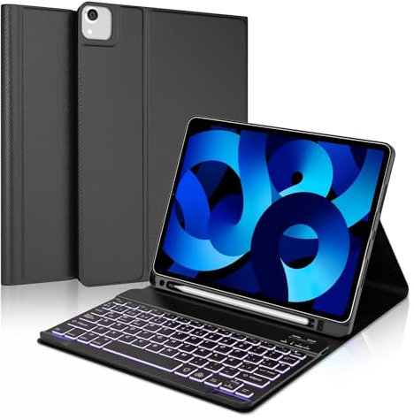 IVEOPPE Teclado iPad Air 5 Generación 2022, Funda Teclado iPad Air 4, Funda Teclado Español Retroiluminado Bluetooth para iPad Pro 11 4.ª/3.ª/2.ª/1.ª, Negro
