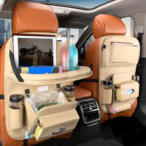 DAYKET Autositz Organizer für VW Golf B5 B6 B7 B8 SE ID4 Bora EOS UP Caddy Jetta, mit Integrierter Mülltonne und Tisch, Leder Praktischer Autositz Aufbewahrungsbeutel,B/Beige
