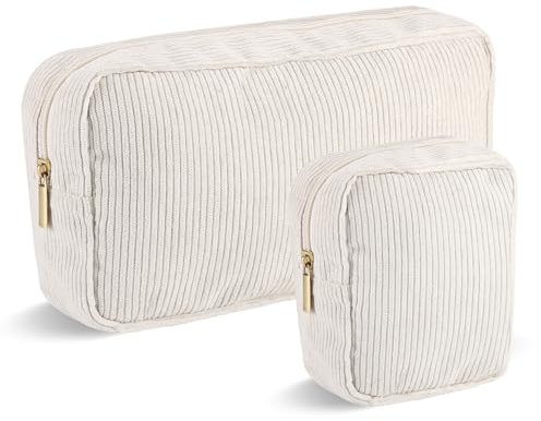 Kosmetiktaschen für Frauen Kleine, Kleine Kosmetiktasche, Cord Schminktasche, Make up Tasche Mit Fächern und Reißverschluss, Reise Kosmetiktaschen, 2 Stücke Beige Kosmetiktasche