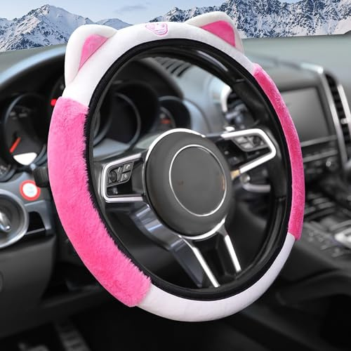 Flaconi Auto Plüsch Lenkradhülle,Universal 15 Zoll Lenkradhülle Flauschiger Plüsch mit Ohren,Flauschige Auto Lenkradbezüge mit Kitty Katzenohren,Passend für die Meisten Pkw,SUVs,Limousinen(Rose Rot)