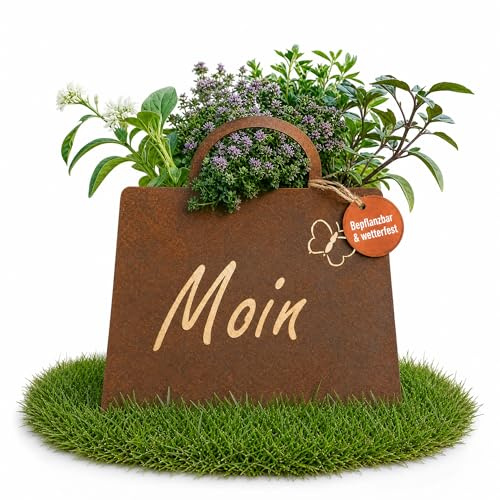 Der-Porzellan-Laden Pflanztopf in Taschenform „Moin“ aus Metall, Edelrost-Optik, bepflanzbar für Balkon & Garten, maritim mit Schmetterling, wetterfest, ca. 32 x 30 cm