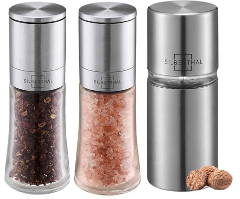 SILBERTHAL Gewürzmühlen Set mit einstellbarem Mahlgrad - Edelstahl - Muskatnuss Reibe mit Salzmühle und Peffermühlenset - Muskatmühle