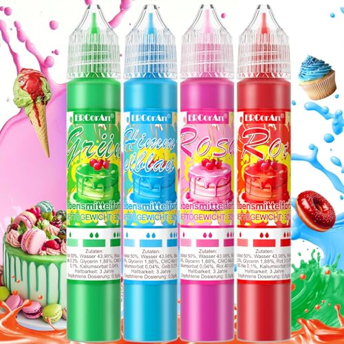 Lebensmittelfarbe Flüssig - 4 Farben Set (30 ml je Farbe) - Hochkonzentrierte Lebensmittelfarben für Kuchendekoration, Buttercreme, Macarons, Fondant, DIY - Food Coloring Vegan