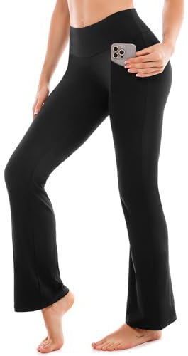 SINOPHANT Yogabyxor, dam, utsvängda sportbyxor, slagbyxor, hög midja med fickor, fritid, joggingbyxor, bootcut, jazzbyxor, 32 tum–svart, XXL