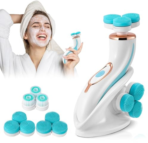 Facial Cleansing Brush, Silicone Electric Face Scrubber Rechargeable Exfoliator Waterproof Rotating Cleanser for Exfoliating, Facial Cleanser, Face Scrubber with 3 Brush Heads