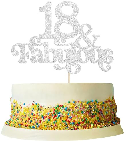 Ephlyn 1Pc 18 & Fabulous Cake Topper Glitter Eighteen and Fabulous Cake Toppers Happy 18th Birthday Cake Pick for 18th Wedding Anniversary Birthday Party Decorations Supplies Silver