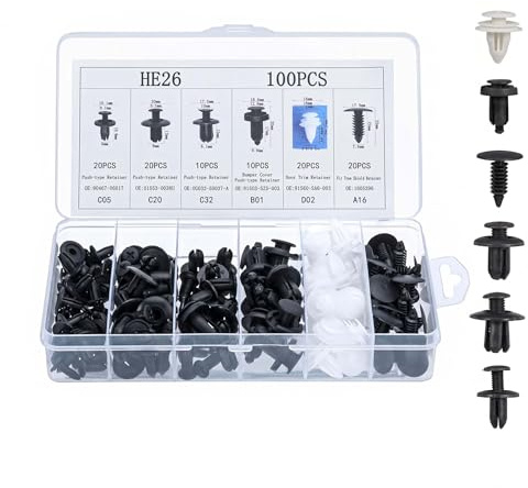 Clips de Fixation Voiture, 100 Pièces, Assortiment de Rivets Plastique | Panneaux de Portes et Ailes, Attaches Universelles, Kit de Remplacement, 6 Tailles Courantes