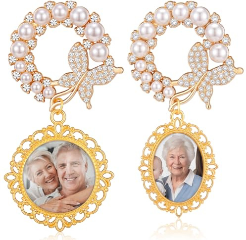 Tondiamo Set di 2 ciondoli per bouquet da sposa con foto, per sposo e damigella d'onore, per cerimonie nuziali, cerimonie, bouquet, foto, bavero o fermacravatta, regalo funebre, as pictures, Metallo