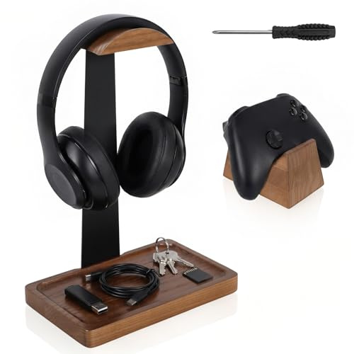 Eyoulife Headphone Stand with Gaming Controller Holder, Walnut Wood Headset Stand with Storage Base, Gaming Equipment Accessories for Desk