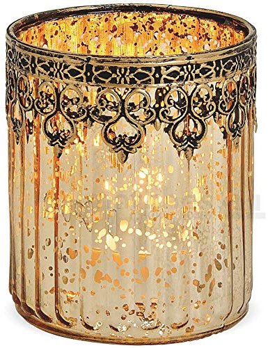 matches21 - Portacandele in vetro orientale, design marocco, oro anticato, decorazione in metallo, 1 pezzo, Ø 10 x 12 cm