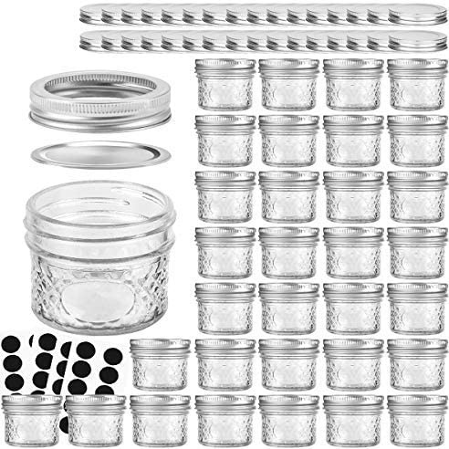 VERONES Mason Jars Canning Jars, 4 OZ Jelly Jars With Regular Lids and Bands, Ideal for Jam, Honey, Wedding Favors, Shower Favors, DIY Spice Jars, 32 PACK,Extra 32 Lids