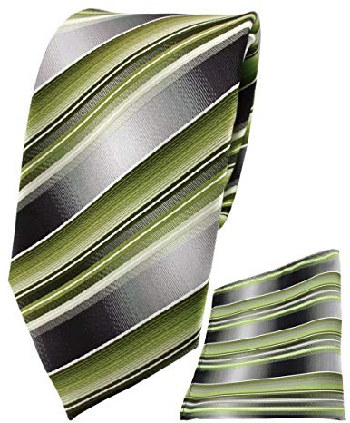 TigerTie Designer Seidenkrawatte + Seideneinstecktuch in grün hellgrün grau silber gestreift - Krawatte 100% Seide