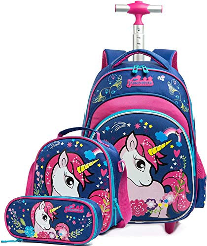 HTgroce Einhorn Schulranzen Rucksack Trolley mit 2 Rollen für Kinder Mädchen,Nylon,Kinder Schultrolley Geeignet für Schule und Reise,Mit Essensbeutel und Federmäppchen