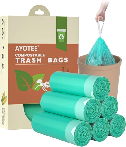 AYOTEE Compostable Trash Bags 4 Gallon Drawstring Trash Bags,100 Counts Ultra Strong Unscented Garbage Bag Small TrashBags Waste Basket Liners for Bathroom, Kitchen, Car, Pet