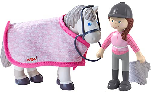 HABA 306168 - Little Friends Reiterin Sanya und Pferd Saphira, Biegepuppen & Tiere ab 3 Jahren, Pink, Grau