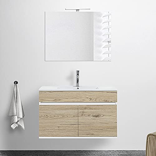 Inbagno Mobile Bagno sospeso con lavabo in Ceramica e Specchio, cassetti e Ante a Chiusura rallentata, 3 colorazioni Disponibili (90 cm 2 Ante, Rovere Africa)