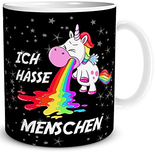 TRIOSK Tasse Kotzendes Einhorn mit Spruch lustig Ich hasse Menschen Geschenk Bürotasse für Männer Frauen Einhornliebhaber Freunde Kollegen Schwarz