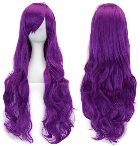 IMISSU Peluca de cosplay de pelo natural rizado largo de 80 cm con flequillo Pelucas de fiesta de disfraces de Halloween coloridas para mujeres (Violeta)