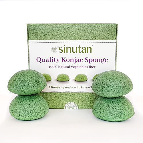 SINUTAN Konjac Face Sponge, 100% Natural Green Tea (Set of 4), Konjac Round Sponge for Exfoliation and Deep Pore Cleansing, Loofah, Mix Color, Puff Style