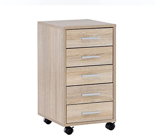 Rollcontainer Sonoma 33 x 63 x 38 cm Holz Schubladenschrank Schreibtisch | Büro Schrank mit 5 Schubladen | Container Rollschrank klein Standcontainer schmal | Schreibtischcontainer mit Rollen