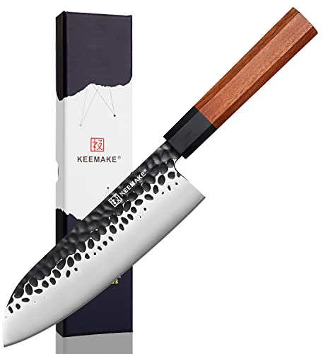 KEEMMAKE Santoku Knife - 7 inch Japanese Chef Knife with 440C Stainless Steel Blade, Natural Wood Handle Sharp Kitchen Knives