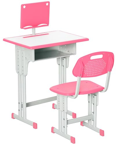 HOMCOM Kids Desk and Chair Set Adjustable Height Study Table Set w/Drawer, Book Stand, Pen Slot - Pink