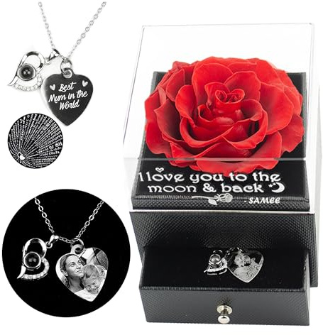 Eliphs Personalised Preserved Real Rose Eternal Photo engraved Pendent, Gift Box Forever Rose Gifts for Her Girlfriend Mother Valentine's Day, Mother's Day (Photo and text Engraved)