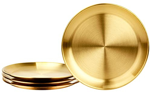 Hbluefat 4 Stück 30.5 cm goldfarbene, gebürstete Edelstahl-Teller, runde Metall-Speiseteller, Küchengeschirr, Essgeschirr, Serviertablett, Servieren, spülmaschinenfest (Gold)