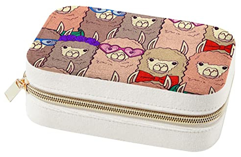 Cartoon-Hipster-Alpaka-Gesichter-Schmuckschatulle, tragbar, Reise-Schmuck-Organizer, Etui, Ohrringe, Ringe, Halsketten, Display-Aufbewahrungsboxen, für Frauen, Mädchen, Brautjungfern, Geschenke