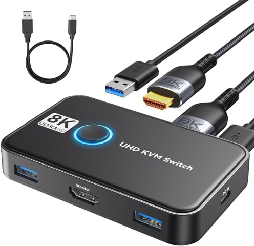 KVM Switch 1 Monitors 2 Computers Viagkiki USB Switch for 2 Computers Share Keyboard Mouse Printer and one HD Monitor Support UHD 8K@60Hz with 2 USB Cable and 2 HDMI Cable (Black)