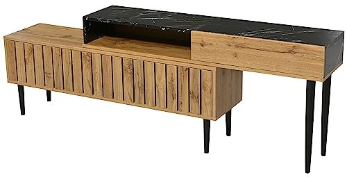 HAINEW Moderner TV Schrank TV Lowboard mit Marmor- und Holzmaserungsdesign, TV-Ständer mit PVC-Kante und Eisenbeinen, platzsparend Fernsehtisch