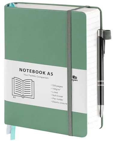 Agoer Cuaderno A5 a rayas, tapa dura, 320 páginas numeradas, diario de negocios, 100 g/m², cuaderno con bolígrafo y notas adhesivas, para oficina, escuela