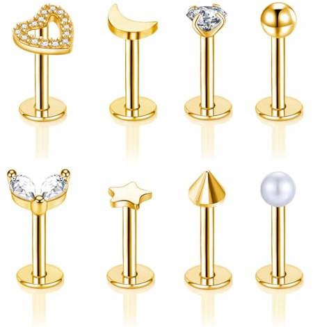 Gojewen 8stk Lippenpiercing Labret Stecker 6mm 8mm 10mm Edestahl 16G Piercing Helix Tragus Cartilage Medusa Lippe Silber Gold Herz Stern
