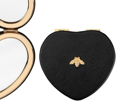 CAIRIAC Compact Mirrors, Leather Folding Travel Mirrors, Bee Double Sided Handheld Mirrors, Portable Heart Shape Makeup Mirrors Gift for Girls Women Mothers